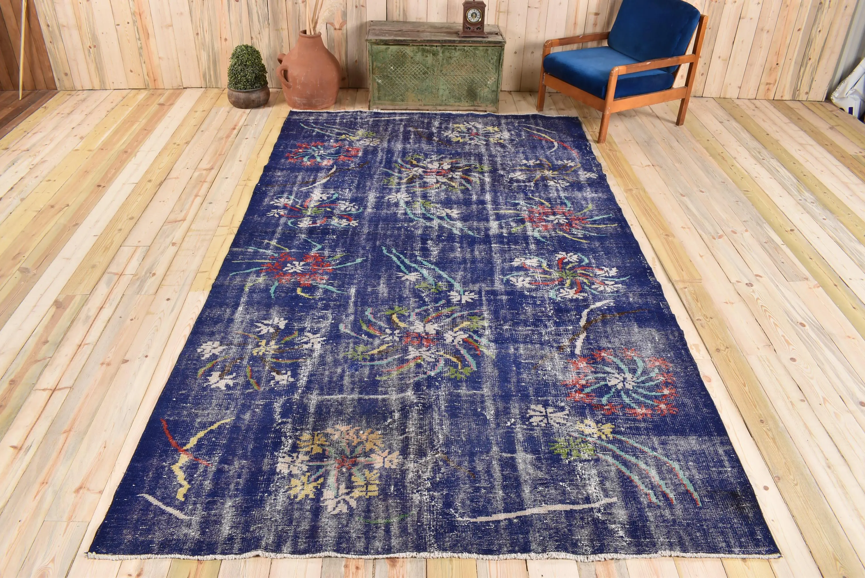 6.5x11.1 ft Oversize Turkish Rug, Blue Striped Vintage Rug - 1