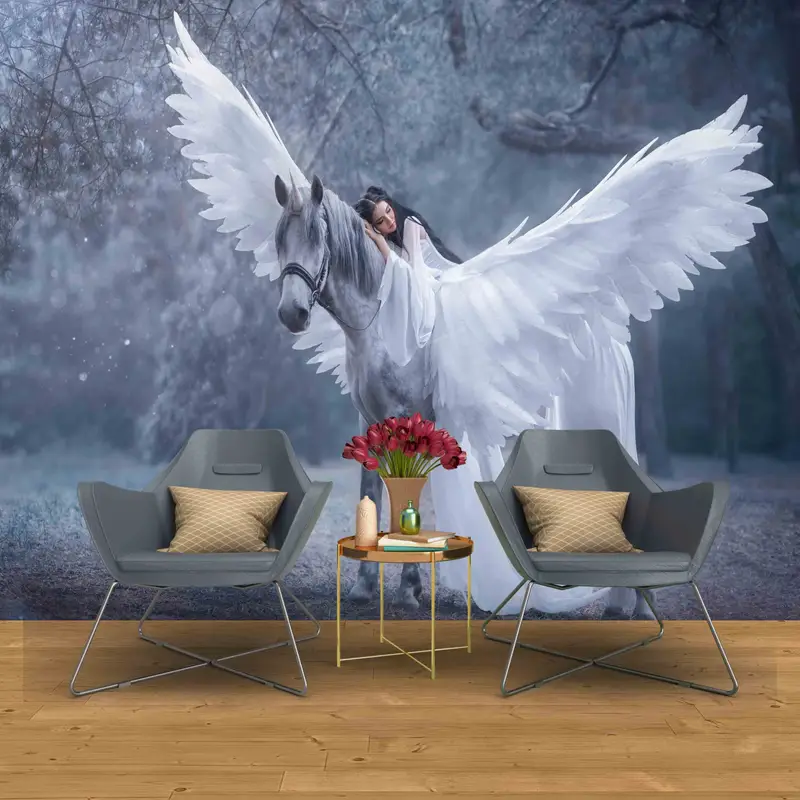Pegasus And Elf Woman Wall Mural, Elf Lady Wall Decals, Horse With Angel Wall Paper, Self Adhesive Paper, Modern Wall Art, Wall Art Decor, - 5