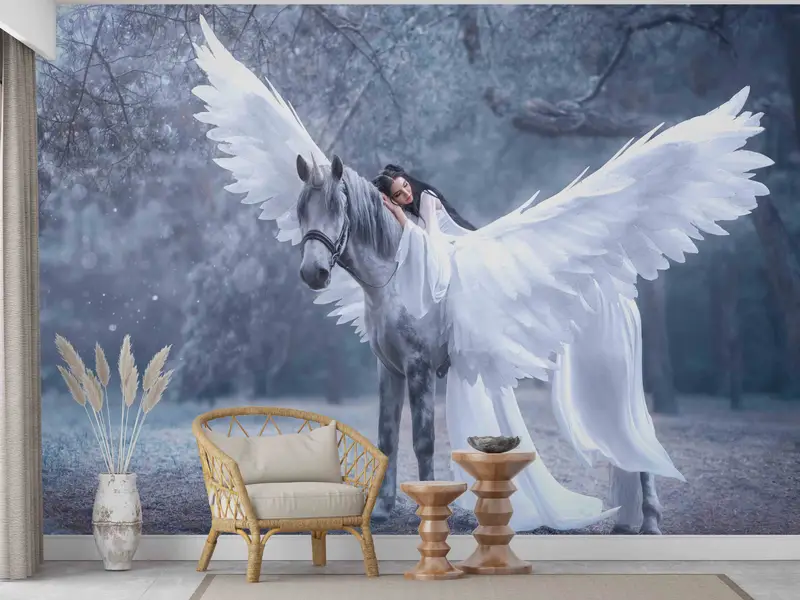 Pegasus And Elf Woman Wall Mural, Elf Lady Wall Decals, Horse With Angel Wall Paper, Self Adhesive Paper, Modern Wall Art, Wall Art Decor, - 2