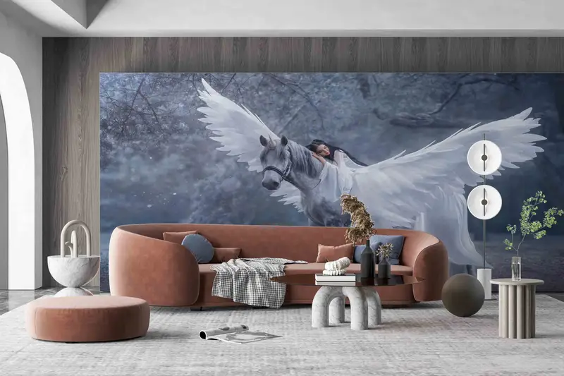 Pegasus And Elf Woman Wall Mural, Elf Lady Wall Decals, Horse With Angel Wall Paper, Self Adhesive Paper, Modern Wall Art, Wall Art Decor, - 4