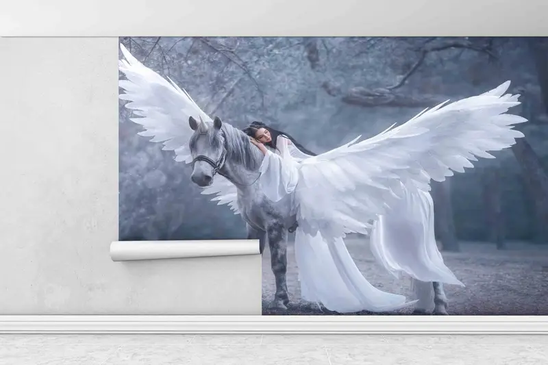 Pegasus And Elf Woman Wall Mural, Elf Lady Wall Decals, Horse With Angel Wall Paper, Self Adhesive Paper, Modern Wall Art, Wall Art Decor, - 1