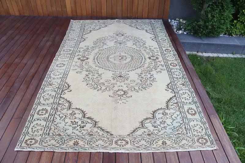 Turkish Vintage Oushak Rug 5.2x8.4 ft, Brown Large Floral Wool Rug - 1
