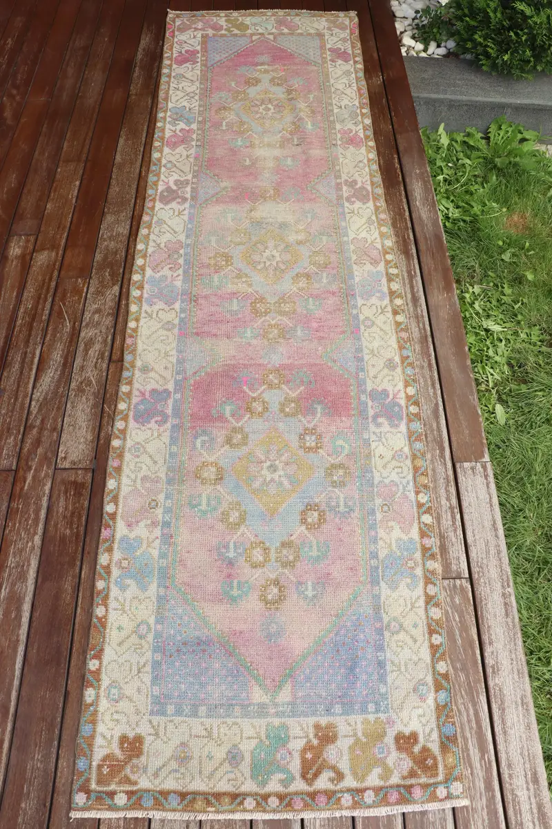 Handmade Purple & Blue Camouflage Rug, 2x9.3 ft