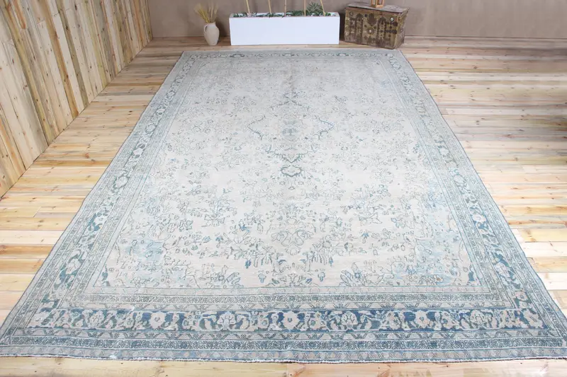 Türk Büyük Boy Halı 10x16.8 ft, Mavi Çiçekli Vintage Halı - 1