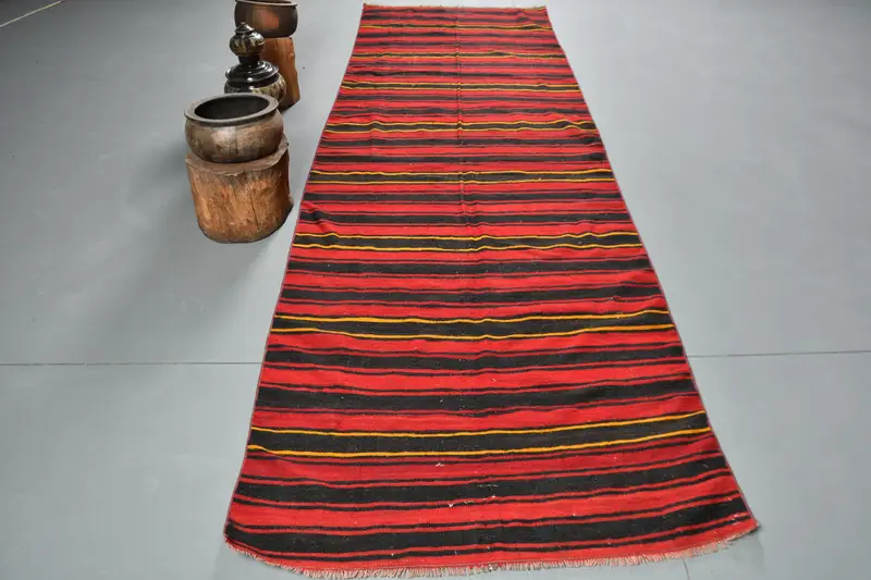 Vintage Turkish Kilim Rug 3.6x10.2 ft (110x312 cm), Red Patchwork Wool Rug - 1