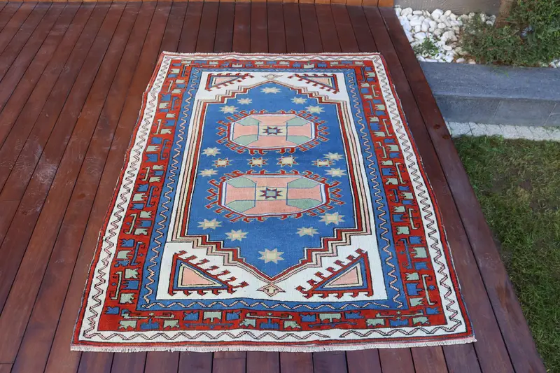 3.9x4.9 ft Halı, Vintage Türk Halısı, Oushak Mavi Kamuflaj Halı - 1