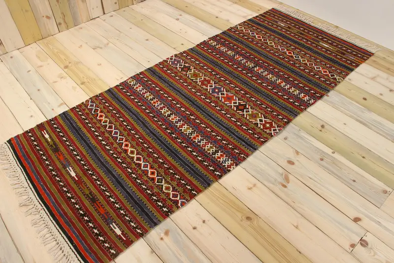 Vintage Rug, 3.1x7.7 ft Accent Turkish Rug, Oushak Red Blue Striped Rug - 1