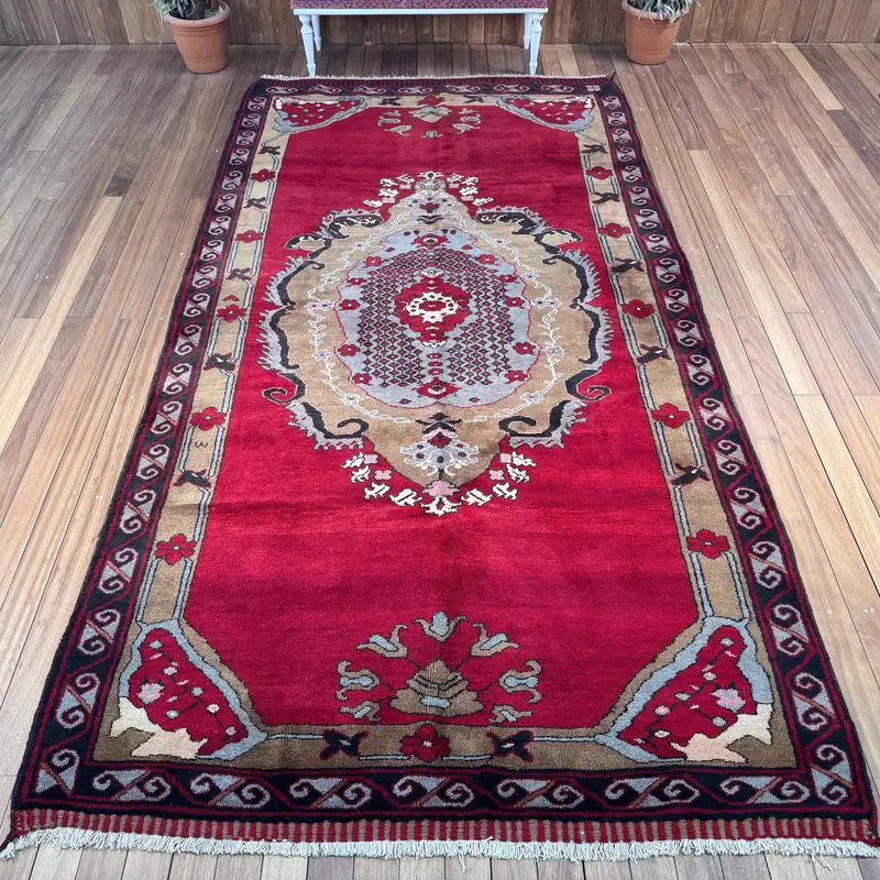 Vintage Türk Halısı, 6x11.8 ft Oushak Halı, Kırmızı Çizgili Yün Halı - 1
