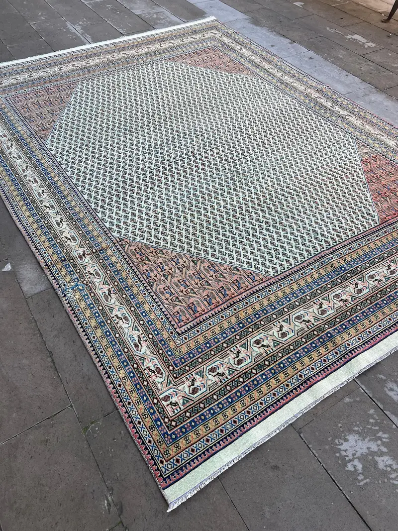 Türk Halısı, 7.6x10.4 ft Büyük Boy Halı, Mavi Kamuflaj Yün Vintage Halı - 1