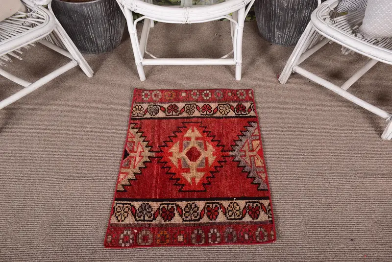 Vintage Turkish Oushak Rug 1.9x2.7 ft, Red Small Paisley Wool Rug - 1