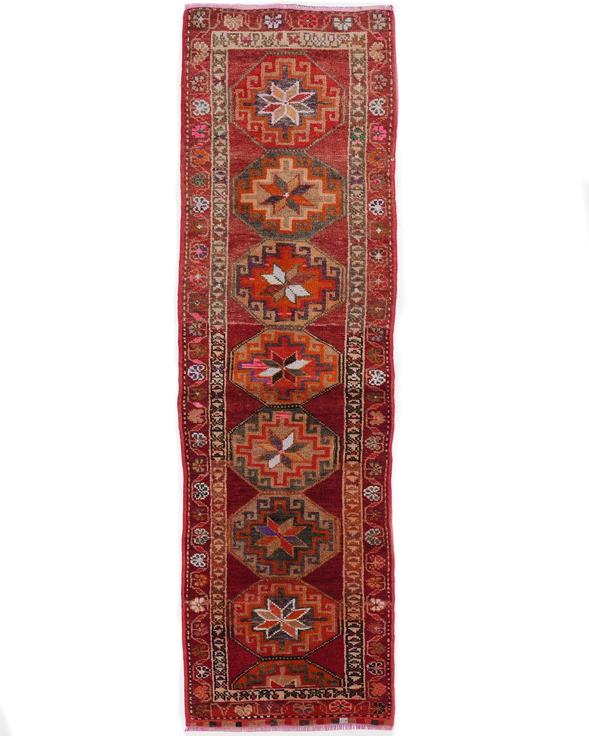 Vintage Turkish Rug, 2.8x9.3 ft Runner Rug, Red Orange Floral Wool Rug - 1