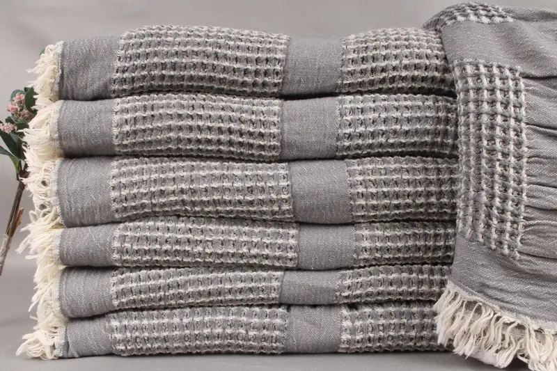 Sofa Blanket Dark Gray Waffle Throw, Cotton Bedspread, 79x83 Inches