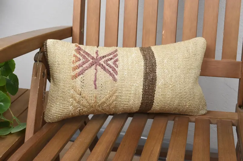 刺繍入りベージュ&ブラウンのクッション、ヴィンテージ幾何学模様のクッション