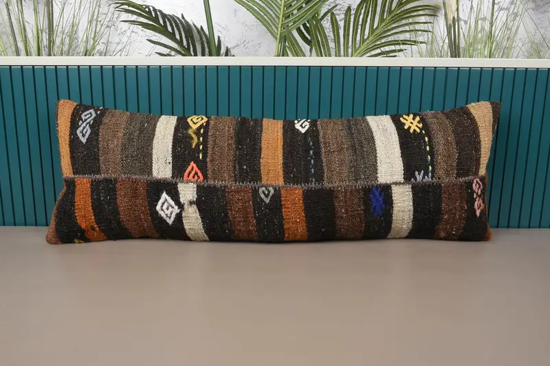 Gestreifter brauner türkischer Kissenbezug, marokkanisch gewebter 12x35 Zoll Kissenbezug - 1