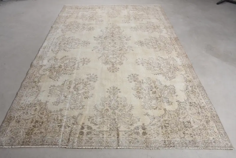6.3x9.8 ft Large Vintage Turkish Rug, Beige Floral Wool Rug - 1