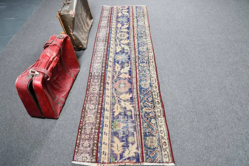 Turkish Vintage Rug, 2.2x8 ft Runner Rug, Blue Red Rug - 1