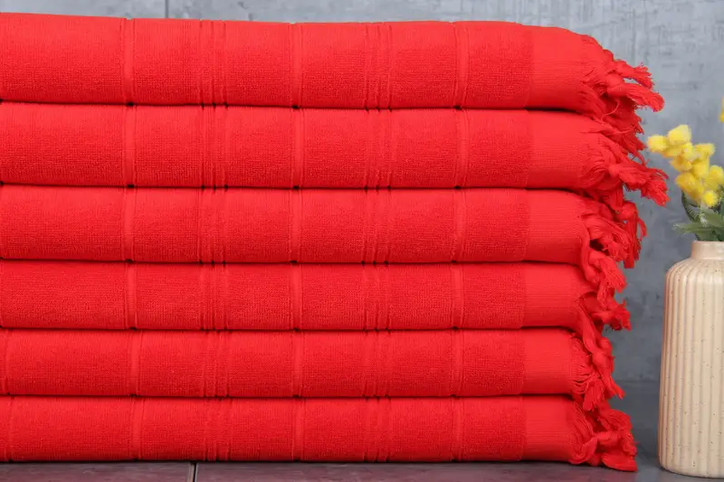 Embroidered Cotton Tea Towel Red Striped Terry Towel, 18x40 Inches