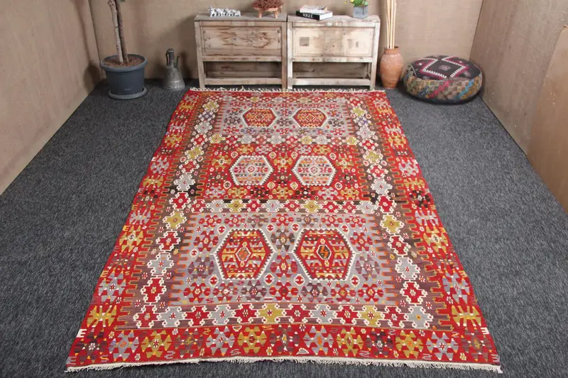 Vintage 6.1x10.8 ft Halı, Türk Alan Halısı, Kırmızı Geometrik Halı - 1