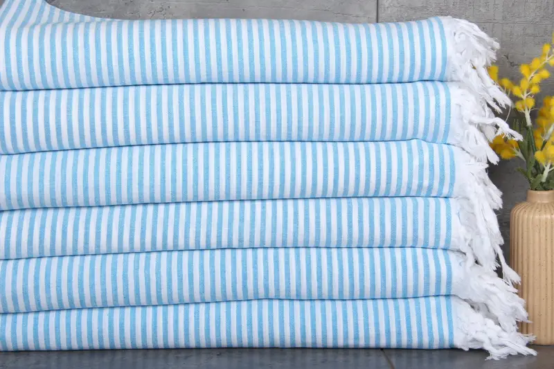 Turkish Beach Towel Organic Cotton Dark Turquoise Stripes, 36x67 Inches