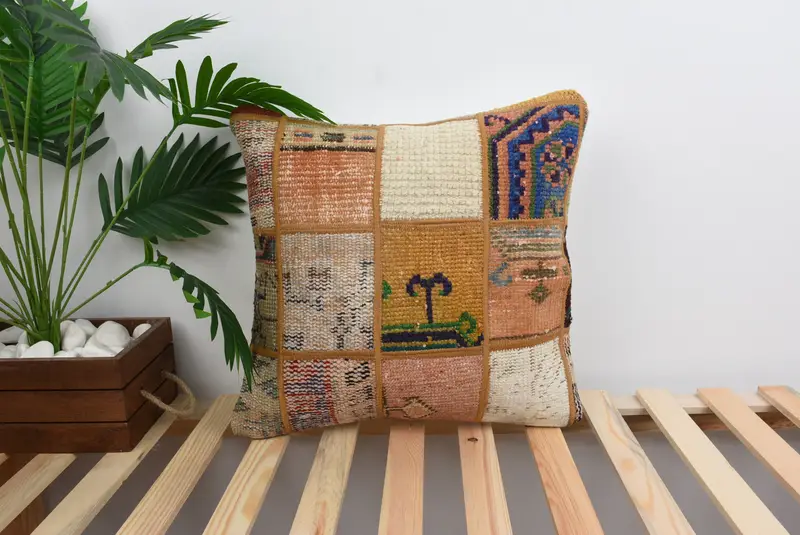 Vintage Kilim Throw Pillow, Seat Pillow Sham, 18x18 Orange Pillow Sham, Vintage Pillow, Pillow for Sofa, Ethnic Pillow Cover Cushion, Cushion - 1