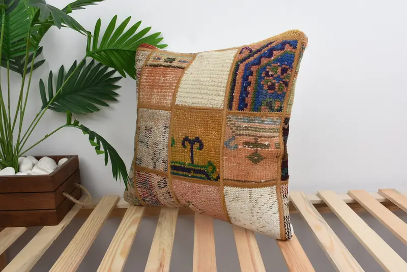Vintage Kilim Throw Pillow, Seat Pillow Sham, 18x18 Orange Pillow Sham, Vintage Pillow, Pillow for Sofa, Ethnic Pillow Cover Cushion, Cushion - 5