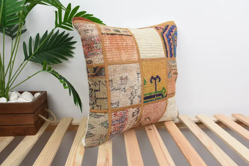 Vintage Kilim Throw Pillow, Seat Pillow Sham, 18x18 Orange Pillow Sham, Vintage Pillow, Pillow for Sofa, Ethnic Pillow Cover Cushion, Cushion - 4