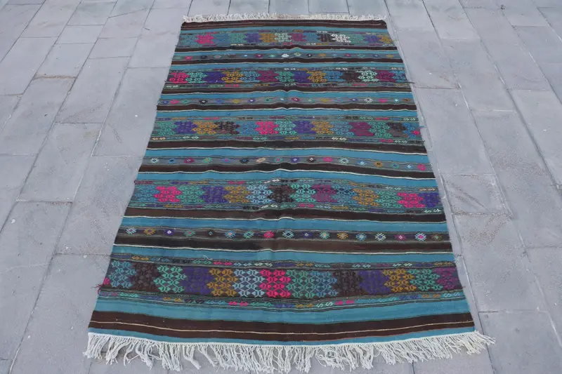 Mavi Fas Halısı, 1,5x7 ft Zarif Mavi ve Kahverengi Tasarım