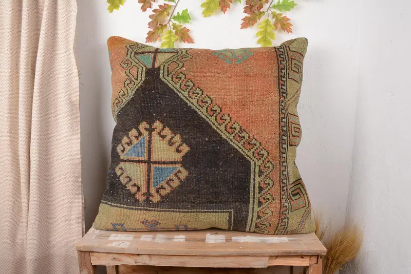 Orange Southwestern Throw Pillow, 32x32 Vintage Cushion with Zipper