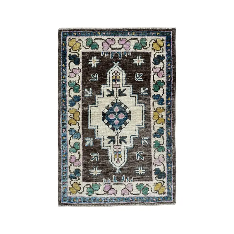 Vintage Oushak Rug 3.3x5.2 ft (101x157 cm), Brown Floral Turkish Rug - 1
