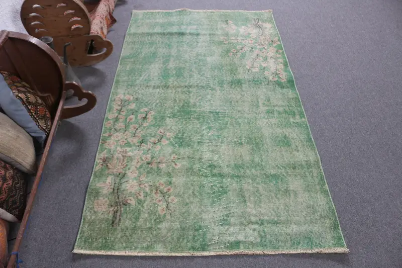 3.6x6.3 ft Halı, Vintage Türk Halısı, Yeşil Oushak Yün Halı - 1