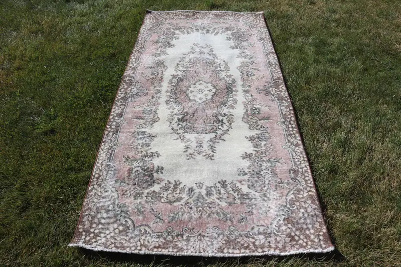 Türk 3.4x7.3 ft Halı, Oushak Vintage Halı, Pembe Çiçekli Yün Halı - 1