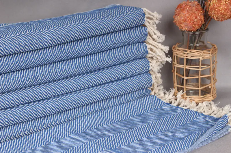 Monogrammed Hand Towel Organic Cotton Sax Blue Chevron, 20x40 Inches