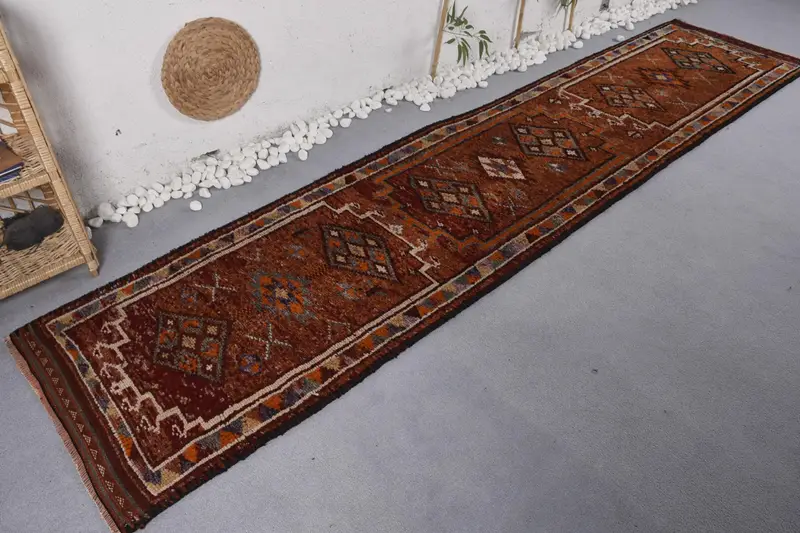 2.6x11.8 ft Vintage Rug, Turkish Runner Rug, Brown Bordered Wool Rug
