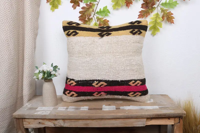 Pillow Case, Pillow for Sofa, Kilim Pillow Cover, Outdoor Throw Pillow Case, Ethnical Kilim Rug Pillow, 18x18 Beige Cushion Cover - 1