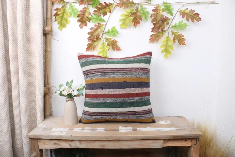 Kilim Pillow Cover, Kilim Cushion Sham, Turkish Kilim Pillow, 16x16 Blue Pillow Sham, Cushion Cover, Lounge Throw Cushion Cover - 1