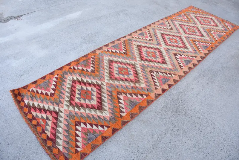 Alfombra turca vintage, alfombra de corredor de 2,9x10,2 pies (87x311 cm), alfombra de lana de lunares naranja - 1