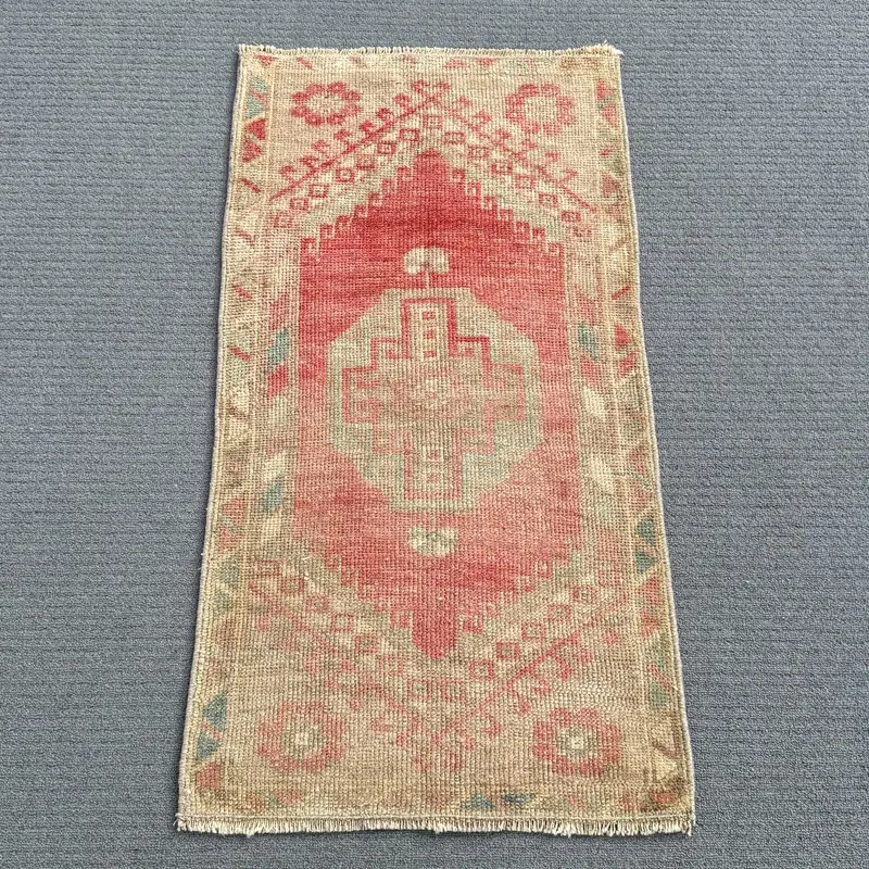 Red Moroccan Rug, 0.1x2.9 ft with Green Accents