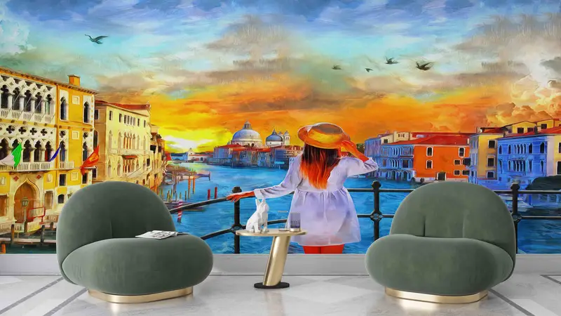 Papel pintado impreso del Gran Canal de Venecia: decoración elegante del paisaje urbano