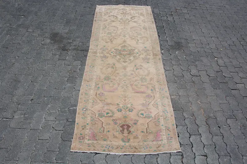 Vintage Turkish Rug, 3.3x8.8 ft Runner Rug, Brown Pink Floral Rug - 1