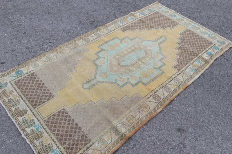 3.7x7.3 ft Oushak Halı, Türk Vintage Halı, Sarı Mavi Çizgili Halı - 1