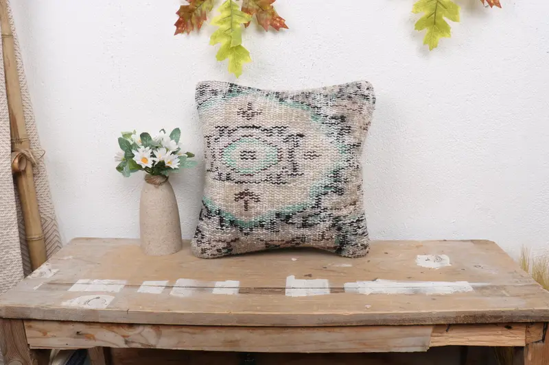 Interior Designer Pillow, Ethnical Kilim Rug Pillow, Pastel Pillow Sham, 12x12 Beige Pillow Cover, Handmade Kilim Cushion, Cushion Case - 1