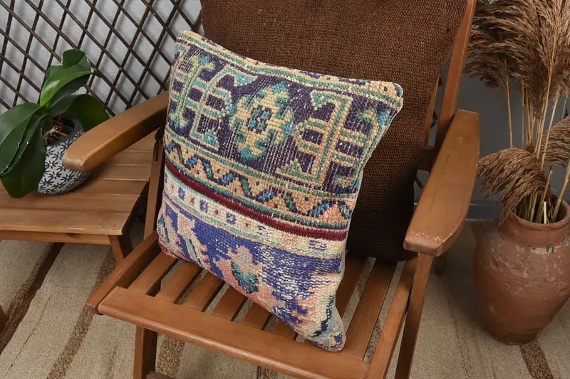 Boho Pillow, Luxury Cushion Case, Pillow for Couch, Throw Kilim Pillow, 16x16 Blue Cushion Case, Pillow, Car Pillow - 5