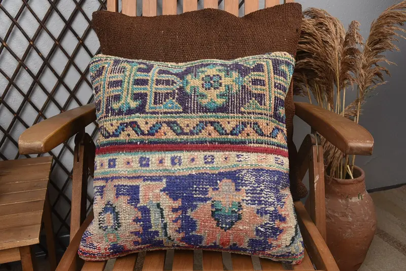 Boho Pillow, Luxury Cushion Case, Pillow for Couch, Throw Kilim Pillow, 16x16 Blue Cushion Case, Pillow, Car Pillow - 3