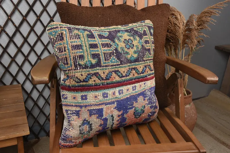 Boho Pillow, Luxury Cushion Case, Pillow for Couch, Throw Kilim Pillow, 16x16 Blue Cushion Case, Pillow, Car Pillow - 2