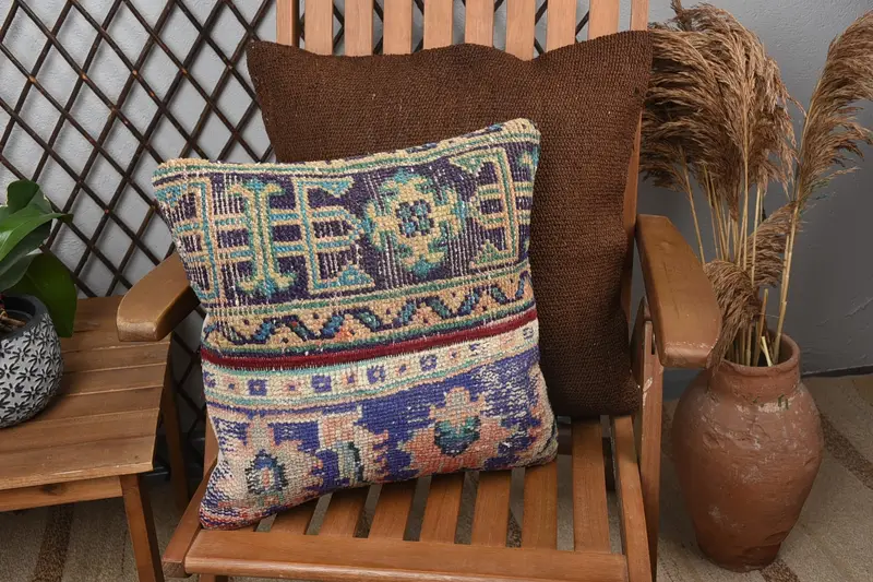 Boho Pillow, Luxury Cushion Case, Pillow for Couch, Throw Kilim Pillow, 16x16 Blue Cushion Case, Pillow, Car Pillow - 1