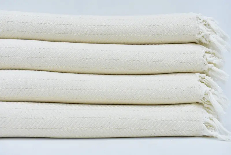 Woven White Chevron Blanket, Turkish Cotton Throw, 91x75 Inches