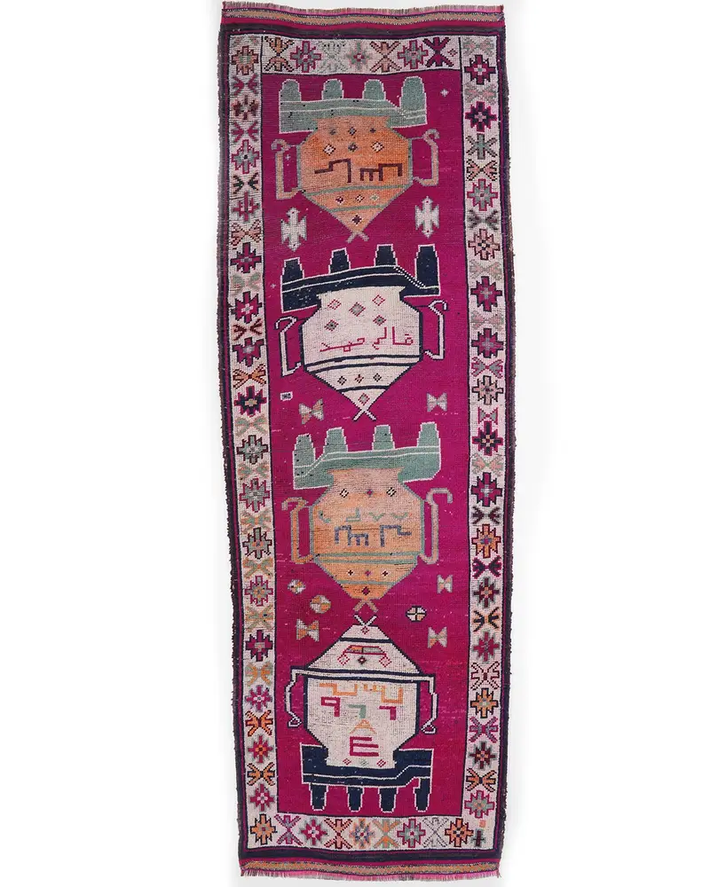 Pembe ve Turuncu Halı, 3,7x11 ft Geometrik Çiçek