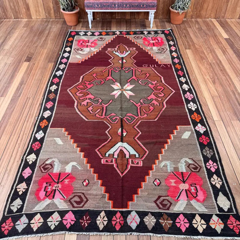 Turkish Oushak Rug 6.2x11.2 ft (189x341 cm), Red Animal Print Vintage Rug - 1