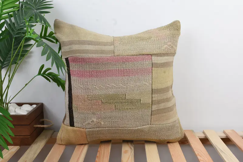 Tribal Cushion Case, Boho Pillow, Neutral Throw Pillow, Pillow, 20x20 Beige Cushion Cover, Vintage Kilim Pillow, Kilim Pillow - 1