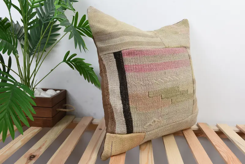 Tribal Cushion Case, Boho Pillow, Neutral Throw Pillow, Pillow, 20x20 Beige Cushion Cover, Vintage Kilim Pillow, Kilim Pillow - 5